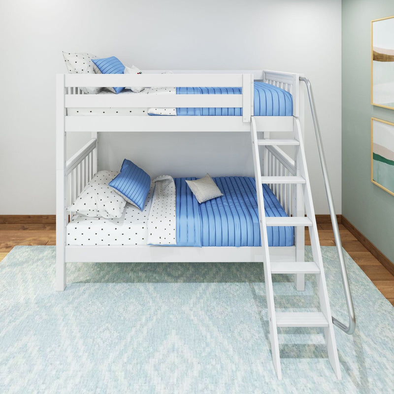 White wooden bunk bed with ladder and blue quilted bedding, star-print sheets and pillows in a modern kids' bedroom