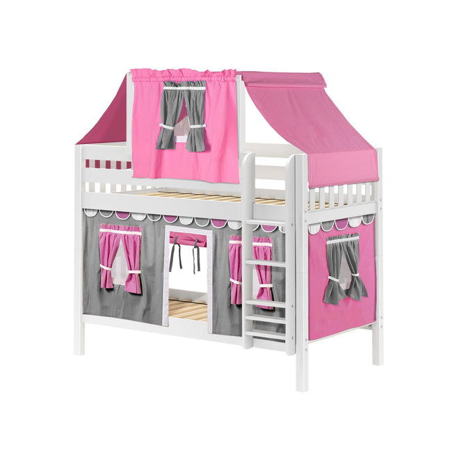 WHATNOT57 WS : Play Bunk Beds Twin Low Bunk Bed with Straight Ladder, Top Tent + Curtain, Slat, White