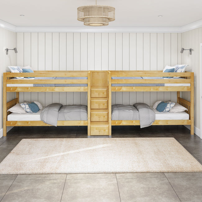 WONDERFUL XL NS : Multiple Bunk Beds Twin XL Quadruple Bunk Bed with Stairs, Slat, Natural