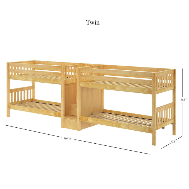 WONDERFUL XL NS : Multiple Bunk Beds Twin XL Quadruple Bunk Bed with Stairs, Slat, Natural