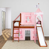 WOW23 CP : Play Loft Beds Low Loft Slide Bed with Curtains, Top Tent & Tower, Twin, Panel, Chestnut