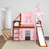 WOW23 CS : Play Loft Beds Twin Low Loft Bed with Angled Ladder, Curtain, Top Tent, Tower + Slide, Slat, Chestnut