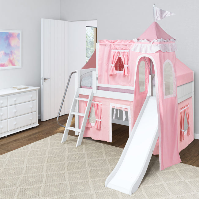 WOW23 WP : Play Loft Beds Low Loft Slide Bed with Curtains, Top Tent & Tower, Twin, Panel, White