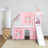 WOW23 WS : Play Loft Beds Twin Low Loft Bed with Angled Ladder, Curtain, Top Tent, Tower + Slide, Slat, White
