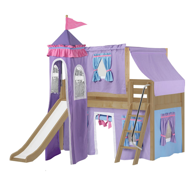 WOW27 NP : Play Loft Beds Low Loft Slide Bed with Curtains, Top Tent & Tower, Twin, Panel, Natural