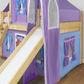 Children's wooden loft bed with slide and purple playhouse tent canopy, blue curtains and built-in storage pockets