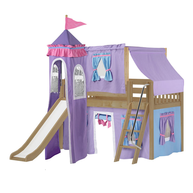WOW27 NS : Play Loft Beds Twin Low Loft Bed with Angled Ladder, Curtain, Top Tent, Tower + Slide, Slat, Natural