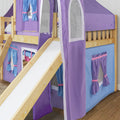 Kids loft bed with slide, wooden frame and purple-blue play tent curtains with clear window panels and fabric storage pockets