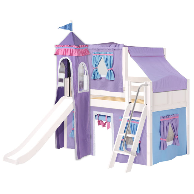 WOW27 WC : Play Loft Beds Twin Low Loft Bed with Angled Ladder, Curtain, Top Tent, Tower + Slide, Curve, White