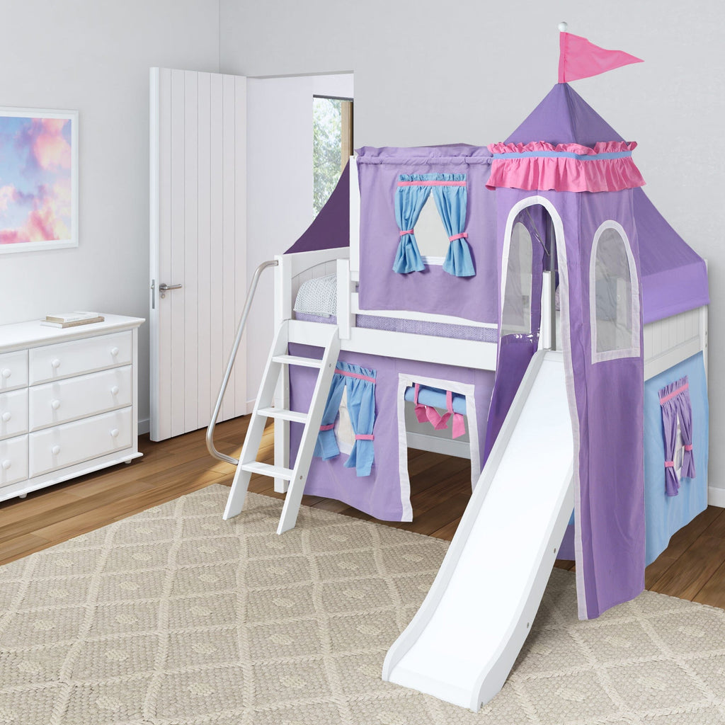 Purple and pink princess-style kids loft bed with white wooden frame, ladder and attached white slide, fabric playhouse tent canopy and curtains, staged in a children's bedroom with white dresser and beige rug