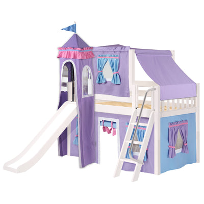 WOW27 WS : Play Loft Beds Twin Low Loft Bed with Angled Ladder, Curtain, Top Tent, Tower + Slide, Slat, White