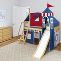 Kids wooden loft bed with slide and navy blue and red castle play tent canopy, ladder, dresser and elephant wall art in children’s bedroom