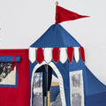Kids play tent castle, blue and red indoor children's playhouse with red flag, white scalloped trim and arched entrance