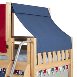 Natural wood kids loft bed with blue fabric canopy awning, metal ladder, light-striped mattress and red-white-blue pennant bunting