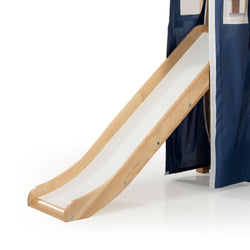 Indoor children's loft bed slide in natural beech wood with white sliding surface and navy fabric curtain, kids indoor playroom accessory