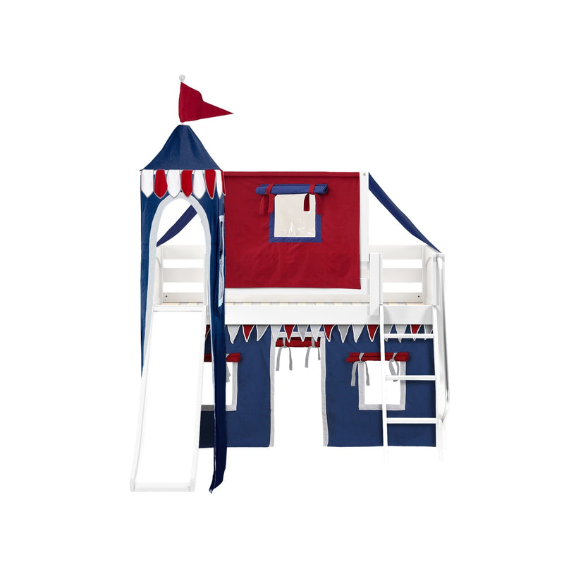 Kids loft bed with white wooden frame, navy and red castle play tent canopy, slide, ladder and fabric fort panels