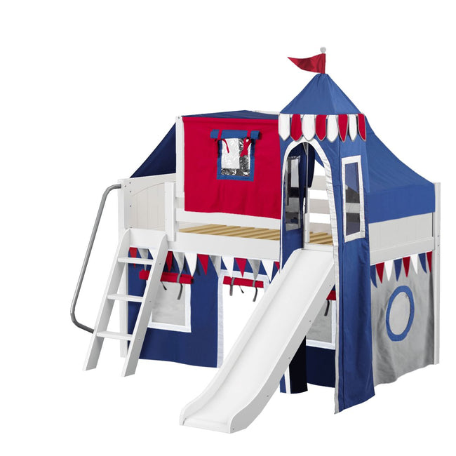 WOW44 WP : Play Loft Beds Twin Low Loft Bed with Angled Ladder, Curtain, Top Tent, Tower + Slide, Panel, White