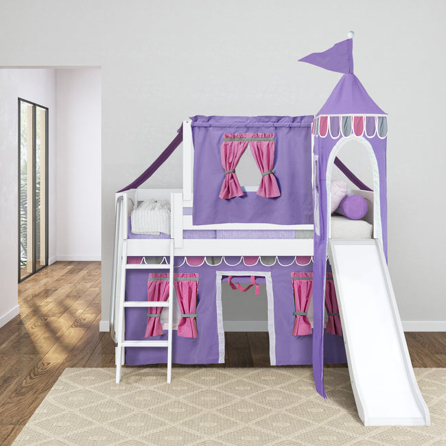 WOW56 WP : Play Loft Beds Twin Low Loft Bed with Angled Ladder, Curtain, Top Tent, Tower + Slide, Panel, White