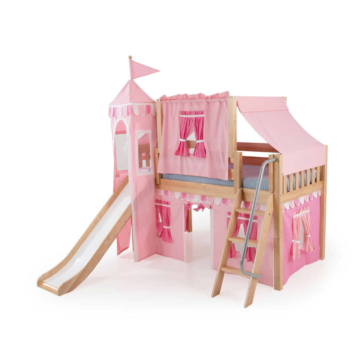 Pink wooden princess loft bed with slide, ladder, castle tower canopy and playhouse curtains — kids' bunk bed for girls