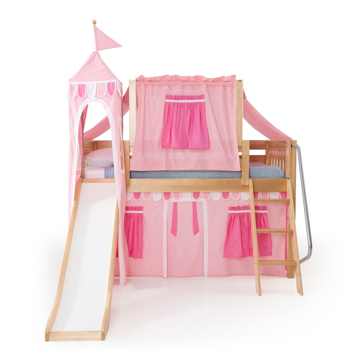 Pink princess loft bed with slide, wooden kids' loft bed with ladder, tower canopy and playhouse curtains — girls' children's bedroom furniture and play loft