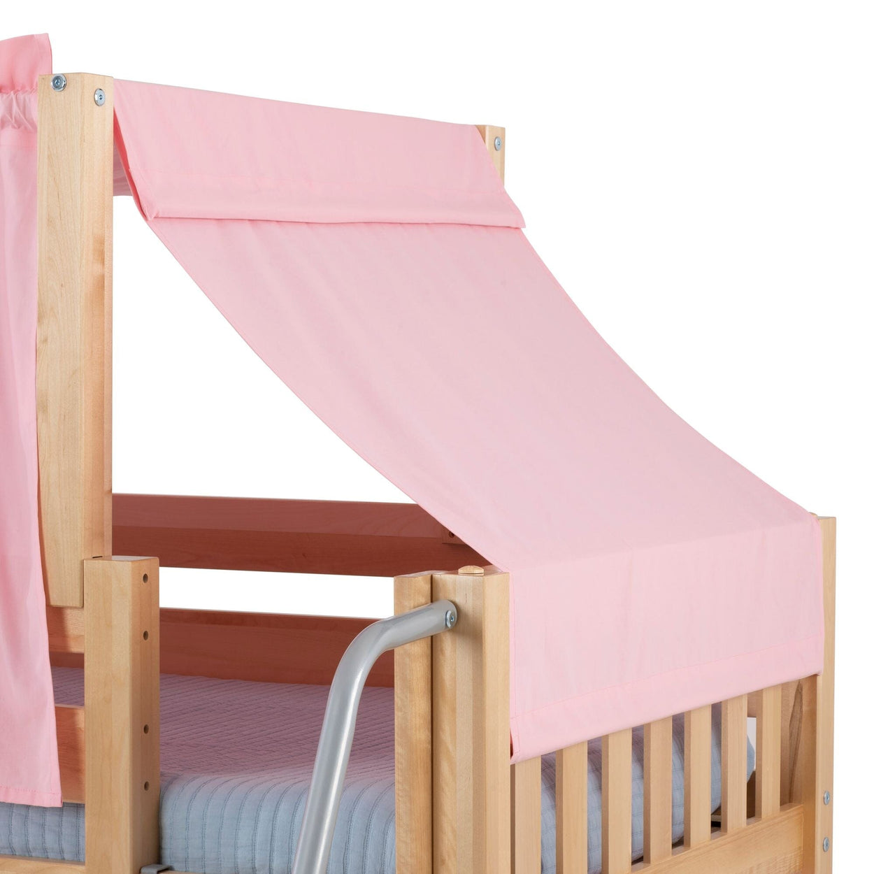 Natural wood kids loft bed with pink fabric canopy, silver ladder and slatted guardrail — twin bunk bed for children's bedroom