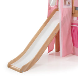 Kids loft bed with wooden slide, white slide surface and pink playhouse curtains