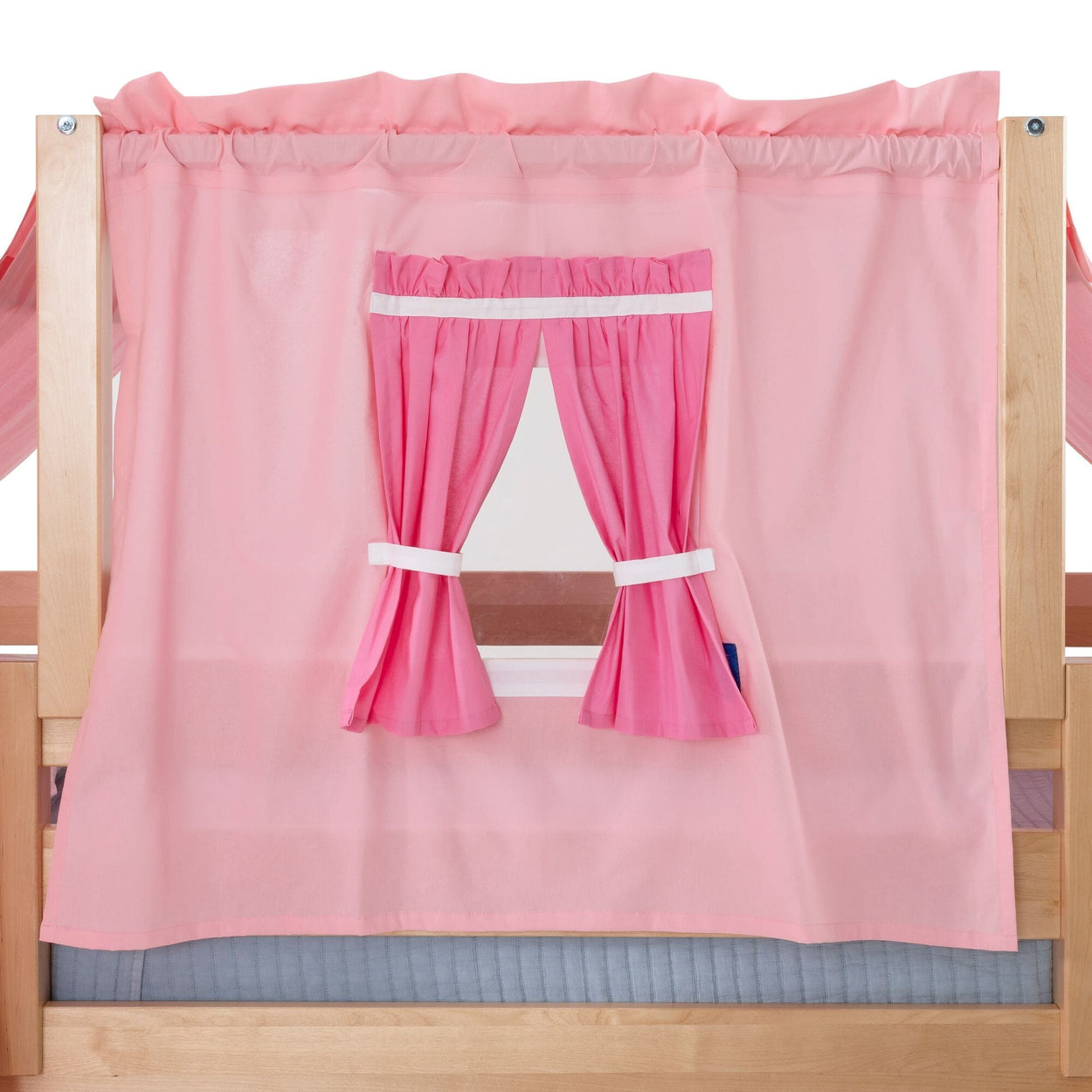 Pink playhouse-style bed canopy curtain with tie-back window panel on natural wood loft bed, kids bunk bed accessory