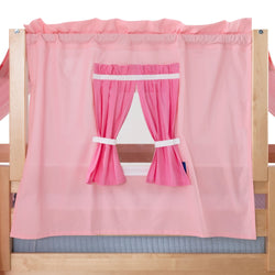 Pink playhouse-style bed canopy curtain with tie-back window panel on natural wood loft bed, kids bunk bed accessory