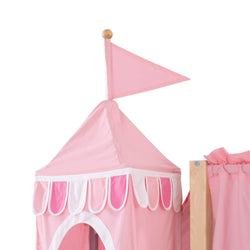 Pink princess castle play tent canopy with scalloped trim, triangular flag and wooden support for kids' bedroom playhouse