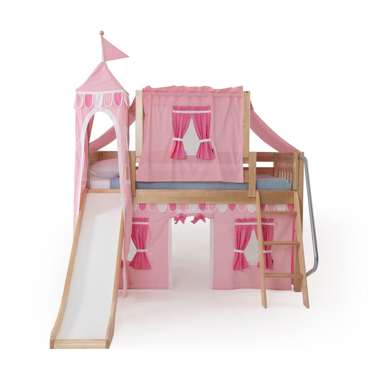 Pink princess wooden loft bed for kids with slide and ladder, playhouse curtains, canopy tower and safety rail