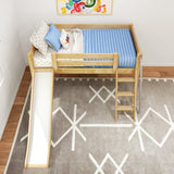 WOW NP : Play Loft Beds Twin Low Loft Bed with Slide and Angled Ladder on Front, Panel, Natural