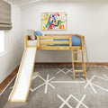 Wooden kids loft bed with slide and ladder, blue bedding and star-print sheets, abstract wall art in a modern neutral children's bedroom