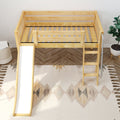 Top-down view of a light wood children's loft bed with slide and ladder, slatted guardrails, herringbone floor and geometric area rug in a modern kids' bedroom