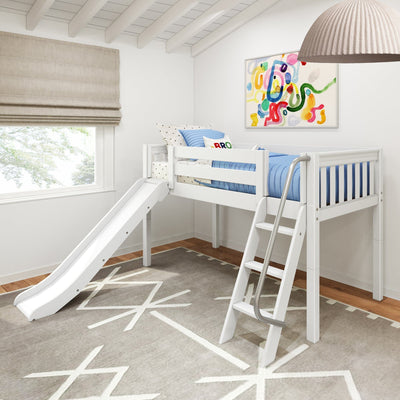 White wooden kids loft bed with slide and ladder, blue bedding, abstract wall art and natural light in a modern nursery
