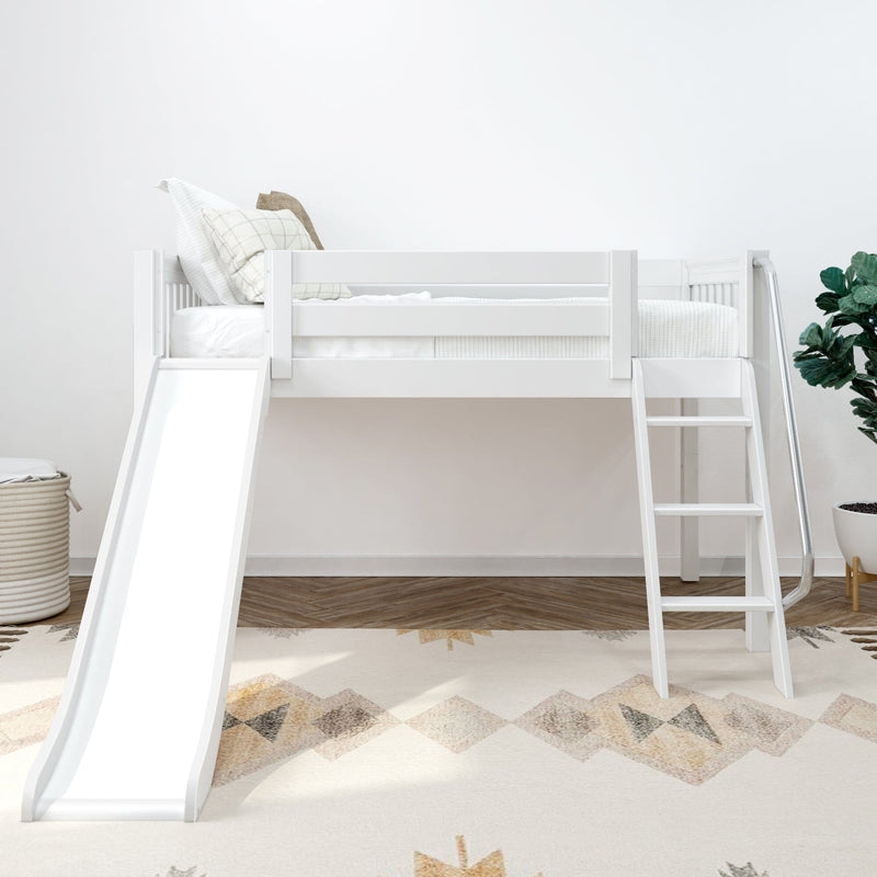 White loft bed with slide and ladder in minimalist kids bedroom, neutral bedding and pillows, patterned rug, woven basket and potted plant