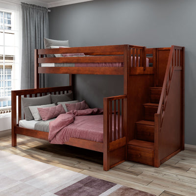 WRESTLER XL CS : Staggered Bunk Beds High Twin XL over Queen Bunk Bed with Stairs, Slat, Chestnut