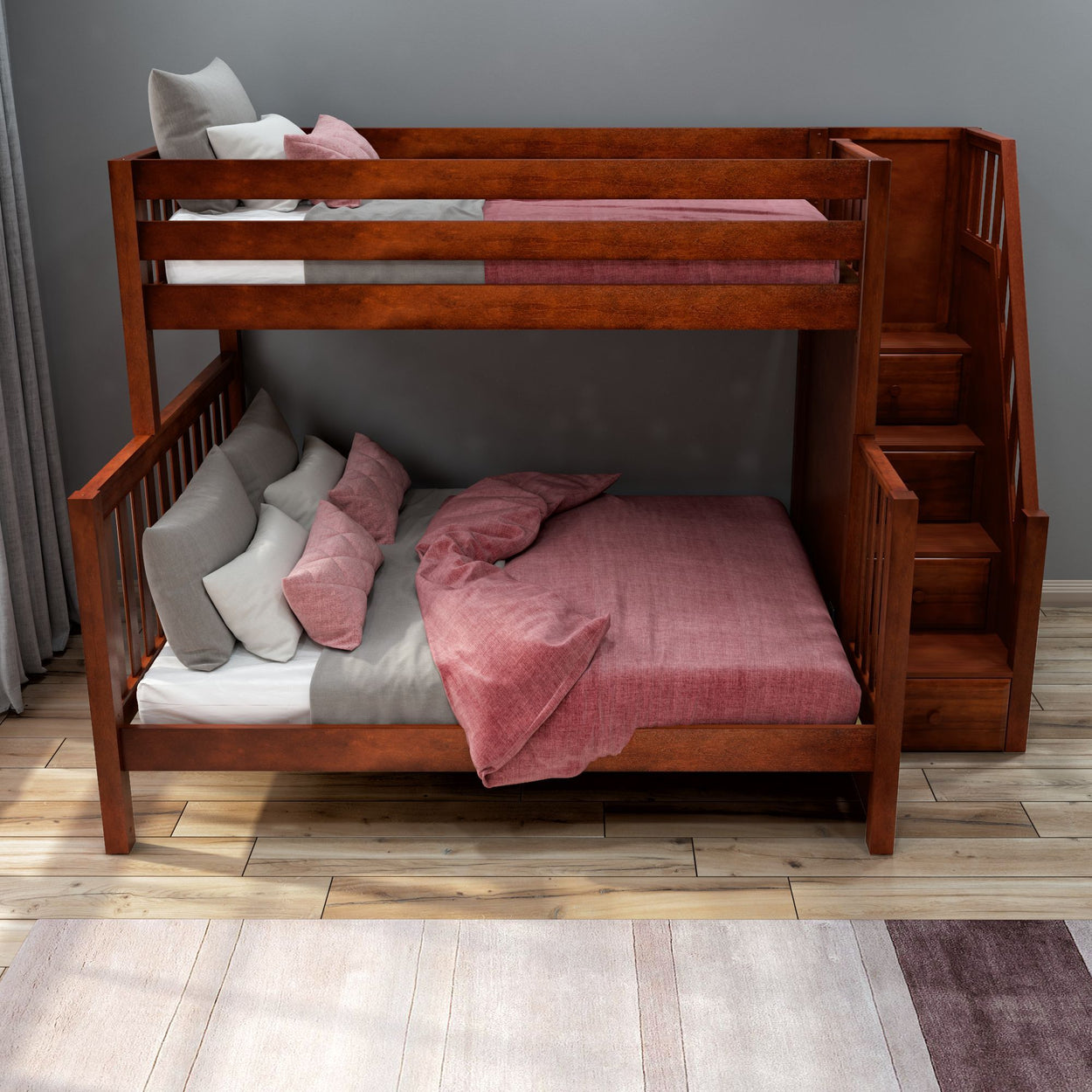 Wooden bunk bed with pink and gray bedding, featuring a built-in staircase for easy access.