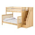 Natural maple wooden loft bunk bed with staircase and built-in storage drawers, twin-over-full design with white bedding — space-saving kids bedroom furniture
