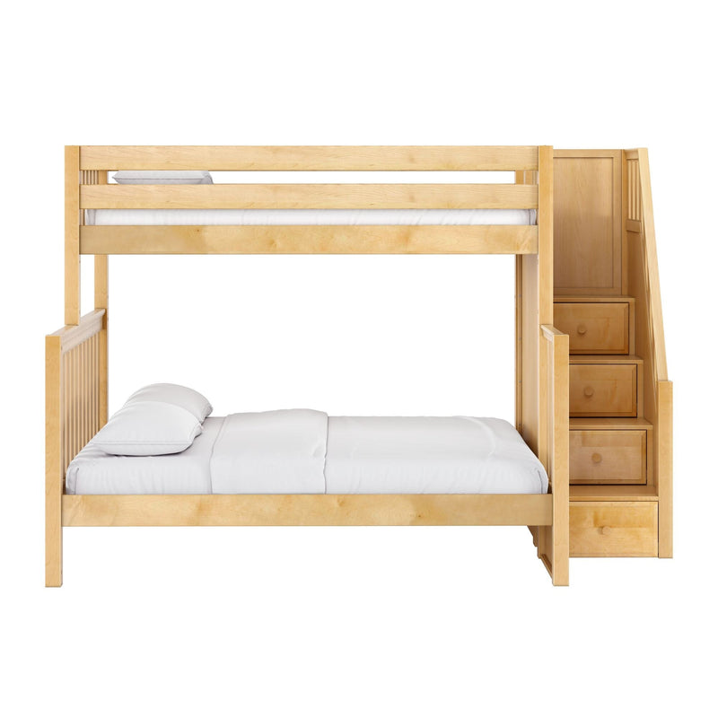 Light wood loft bunk bed with built-in staircase drawers and white bedding, space-saving kids' bedroom storage bed