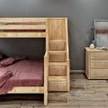 Light wood bunk bed with built-in storage stairs and maroon bedding in a modern gray bedroom with hardwood floors and a wooden nightstand with decorative vases