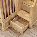 Light maple wood bunk bed with slatted guardrail and built-in under-bed storage drawers (open) on hardwood floor