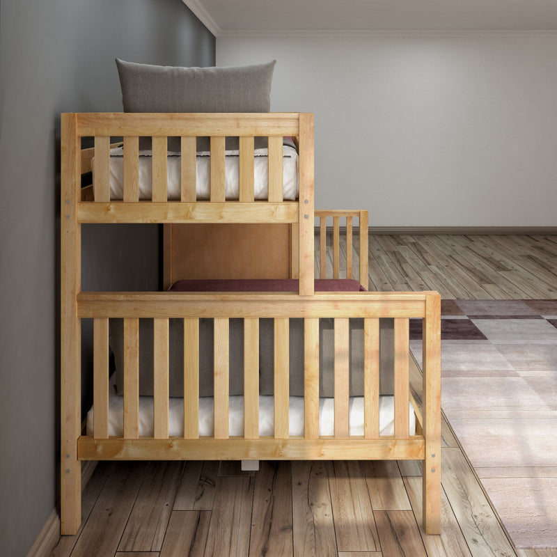 Wooden bunk bed in minimalist kids bedroom with gray pillow, white mattress and hardwood floor