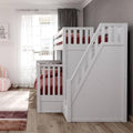 White wooden bunk bed with built-in staircase and pink bedding in a modern bright kids' bedroom with hardwood floors and sheer curtains