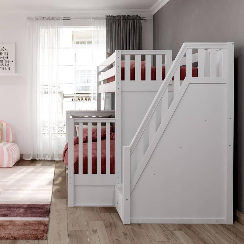 White wooden bunk bed with built-in staircase and pink bedding in a modern bright kids' bedroom with hardwood floors and sheer curtains