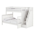 White wooden twin-over-full bunk bed with staircase and built-in storage drawers, modern space-saving children's loft bed with guardrails and pillows