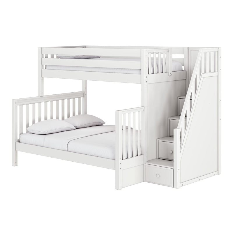 White wooden twin-over-full bunk bed with staircase and built-in storage drawers, modern space-saving children's loft bed with guardrails and pillows