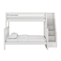 White wooden loft bunk bed with built-in staircase storage drawers and white bedding, modern kids' bedroom furniture