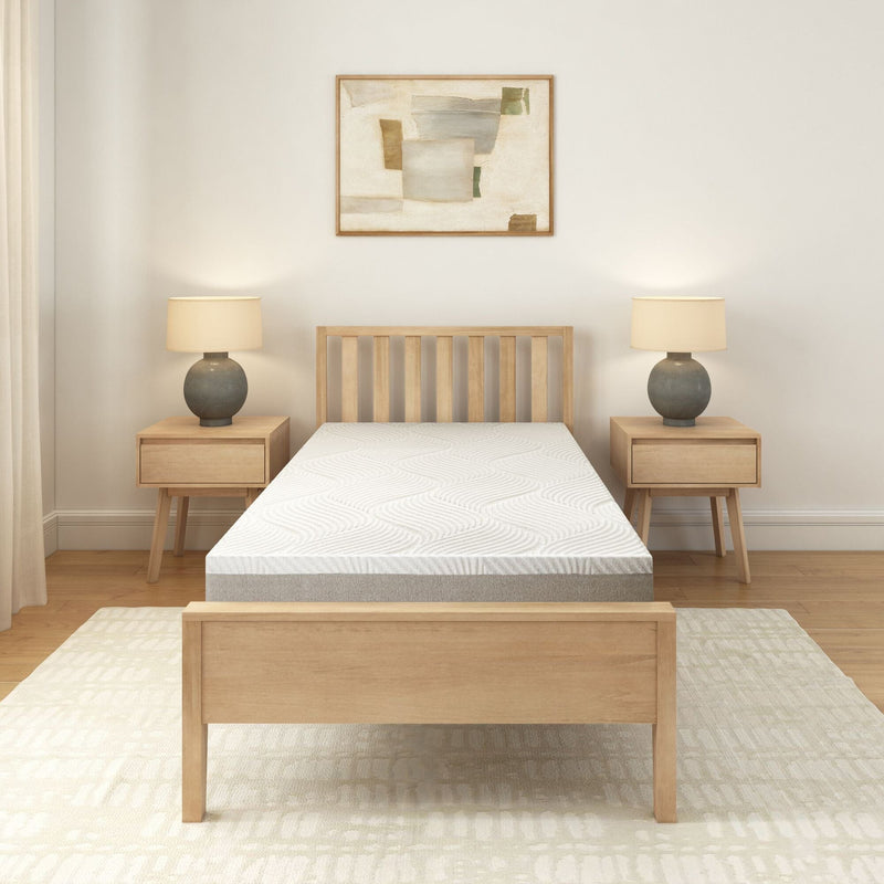 Minimalist bedroom with wooden bed frame, modern nightstands, and abstract wall art.