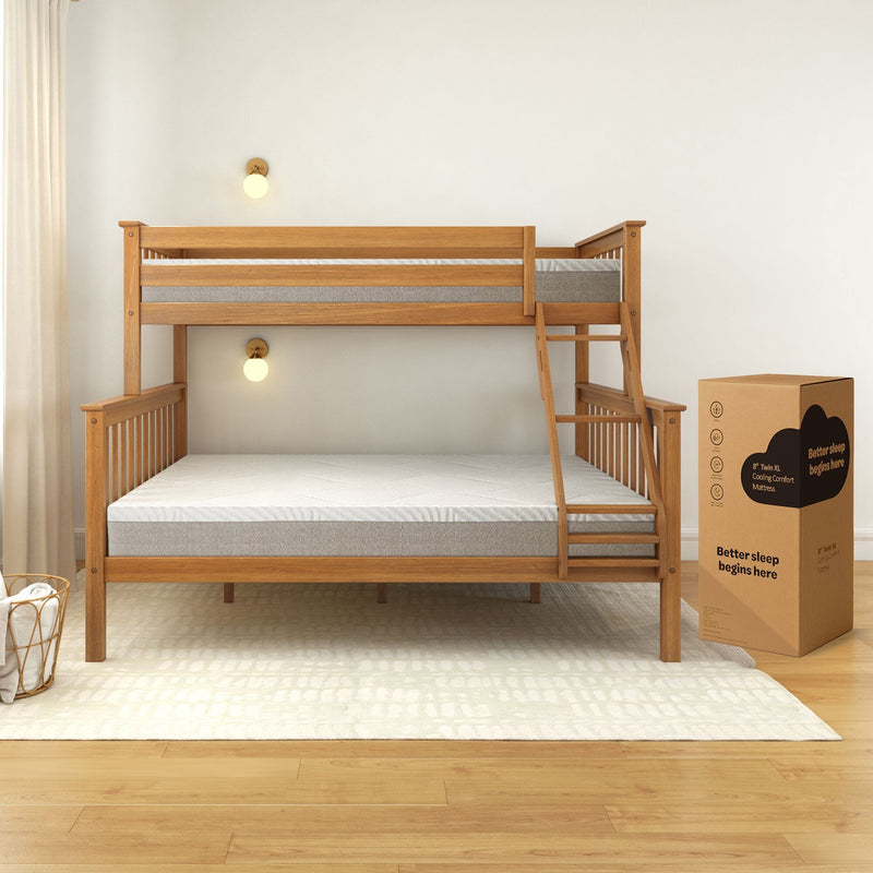 Wooden bunk bed with mattresses and packaging box in modern bedroom.