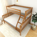 Wooden bunk bed with ladder and comfortable mattresses in bright bedroom setting.